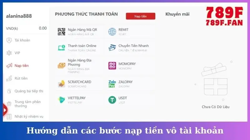 Hướng dẫn các bước nạp tiền vô tài khoản